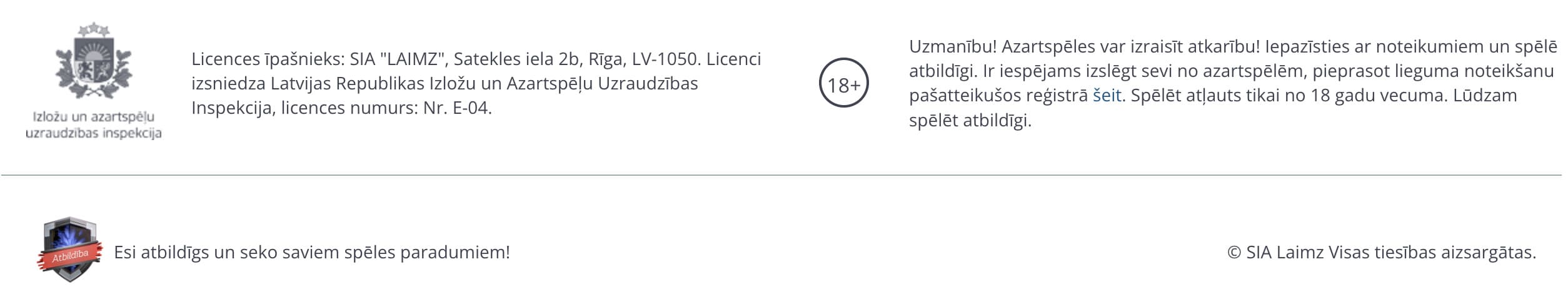 Licences un atbildīgas spēlēšanas informācija kazino vietnē