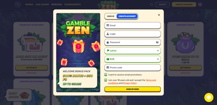 reģistrācijas forma ar bonusa piedāvājumu